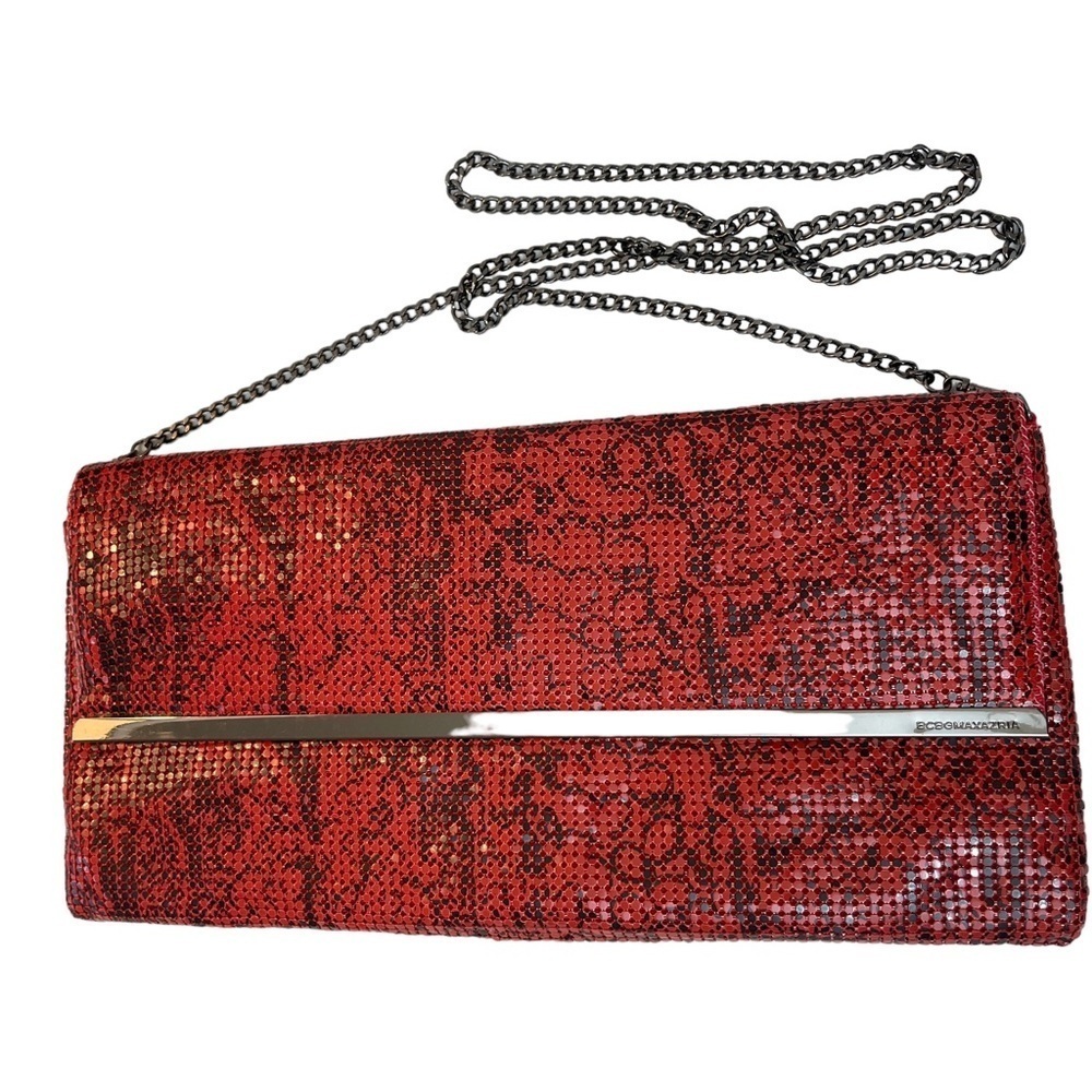 BCBGMaxazria Evelyn Red Metallic Clutch Shoulder Bag Chain Strap Party Holiday
